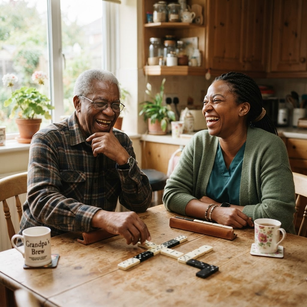 A caregiver and an older man laughing while playing dominoes at a kitchen table