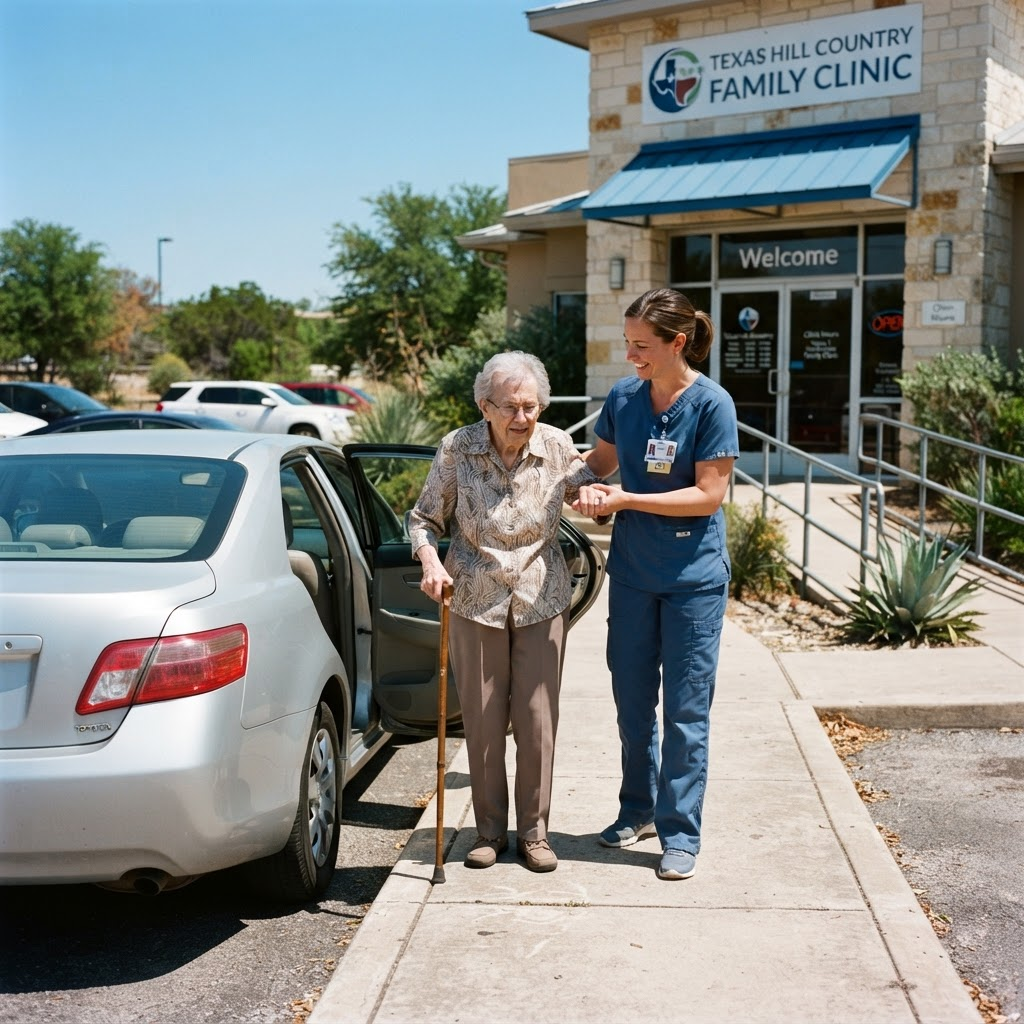 A caregiver helping an older woman with a cane walk toward a clinic entrance