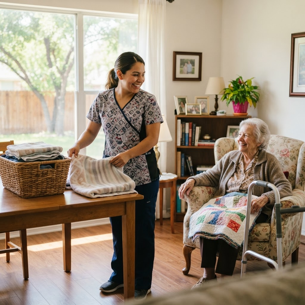 A caregiver folding laundry in a bright home while an older woman smiles nearby