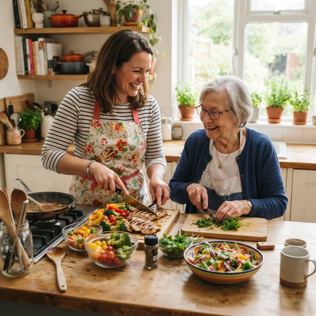 A caregiver and an older woman preparing a colorful healthy meal together in a bright kitchen