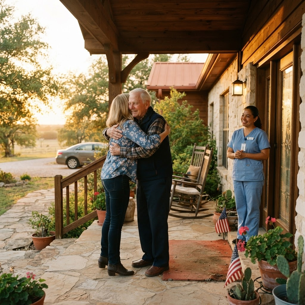 An adult daughter hugging her father on the porch while a caregiver smiles in the doorway